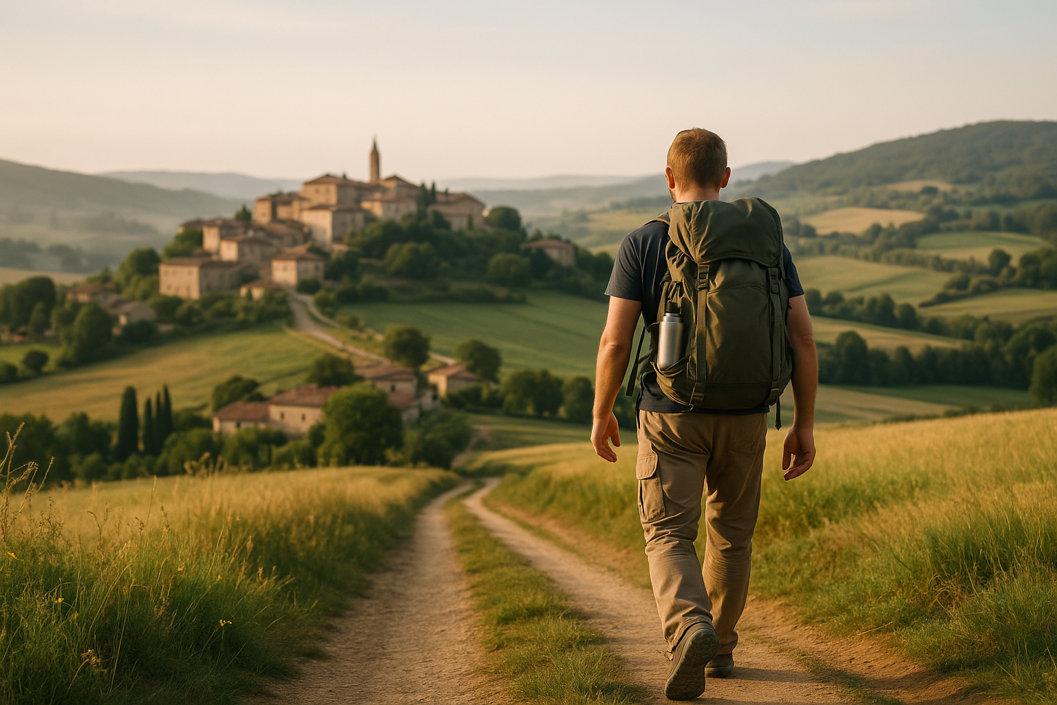 Viaggiatore su un sentiero tra colline, campi coltivati e piccoli borghi, simbolo di turismo lento