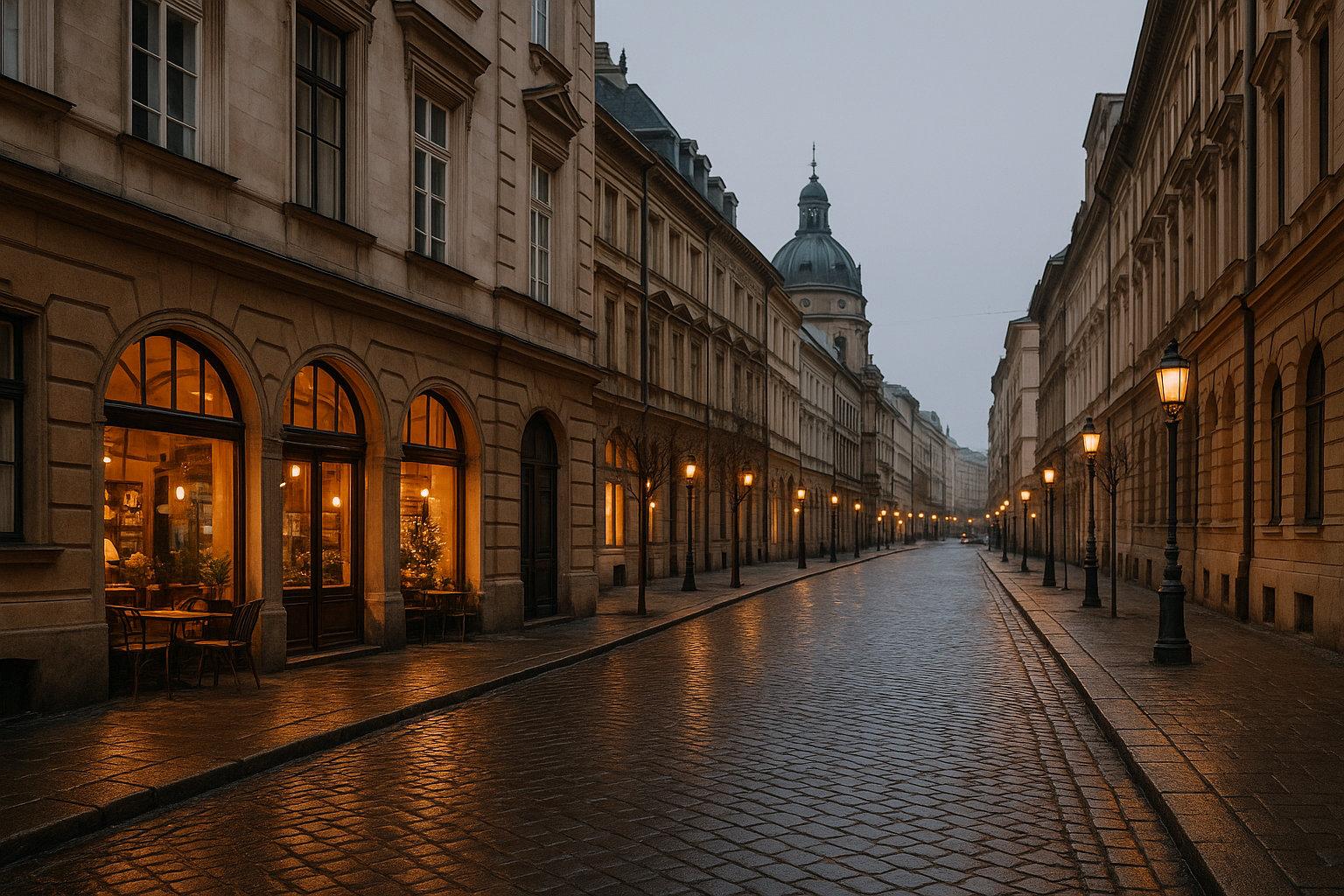 Centro storico europeo fuori stagione con luci calde e strade poco affollate