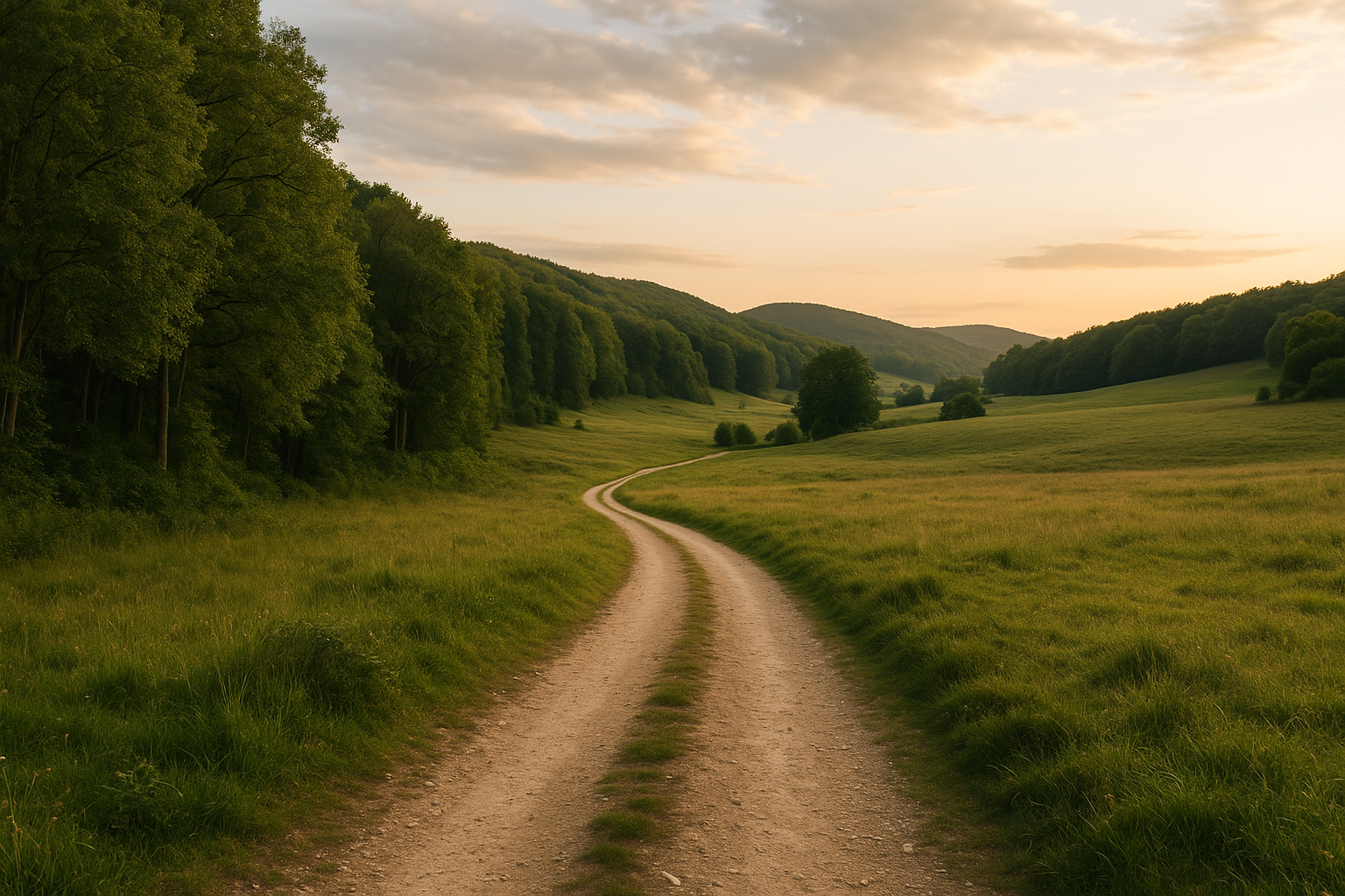 Sentiero tra colline e bosco in un paesaggio ampio e silenzioso al tramonto