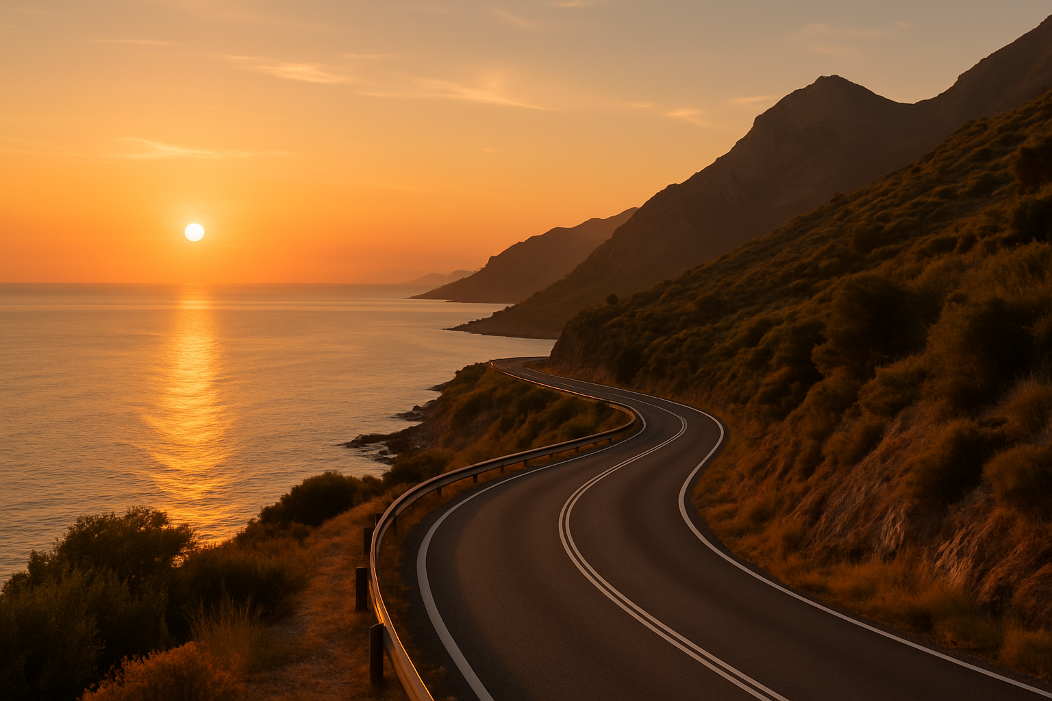 Strada panoramica al tramonto tra costa e rilievi montuosi