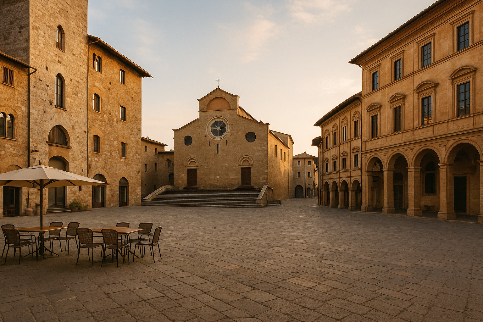 Scorcio di una città d’arte italiana meno conosciuta con piazza storica e architetture in pietra