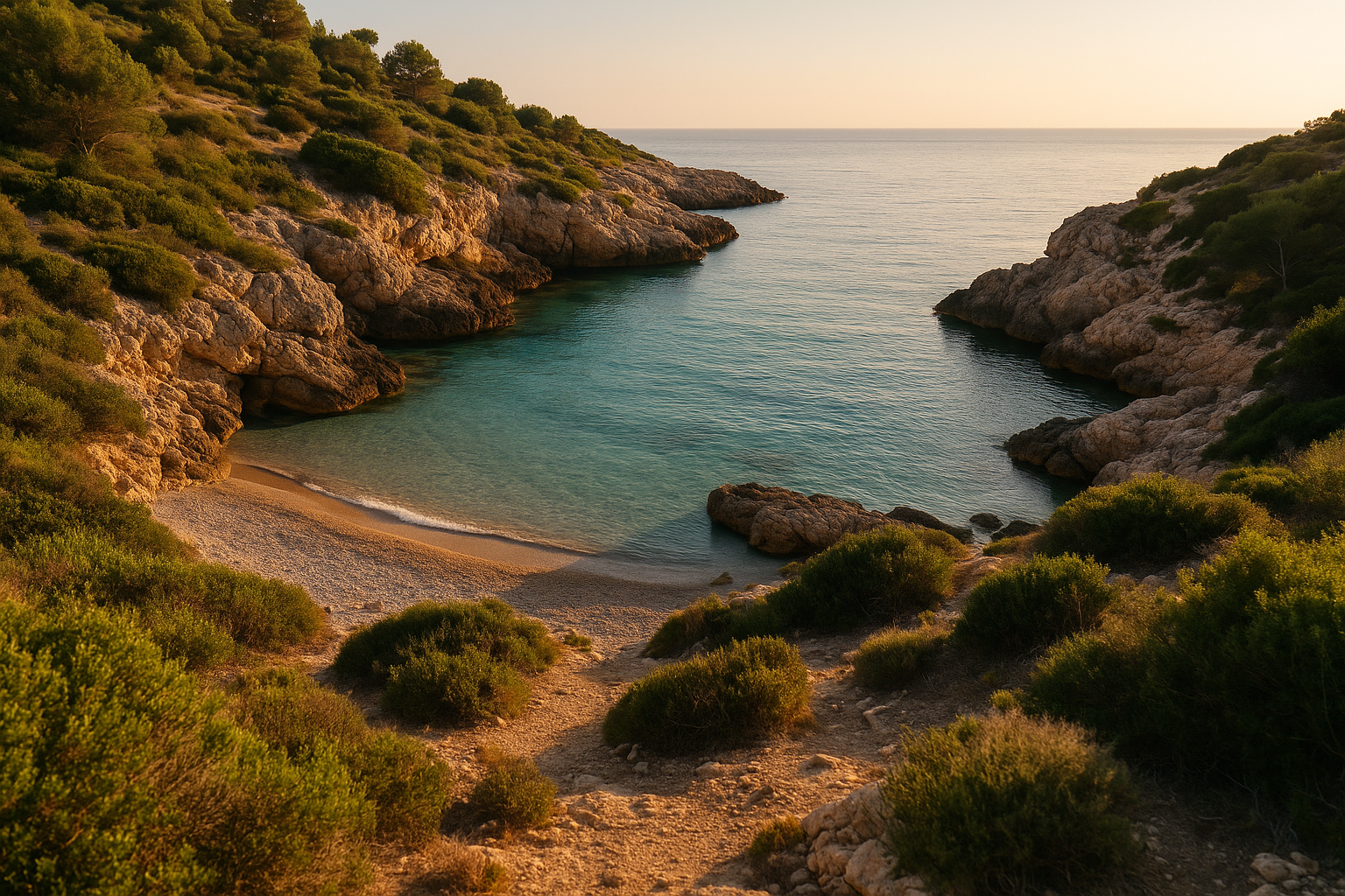 Caletta mediterranea tranquilla con acqua limpida e macchia mediterranea, lontana dalle zone affollate