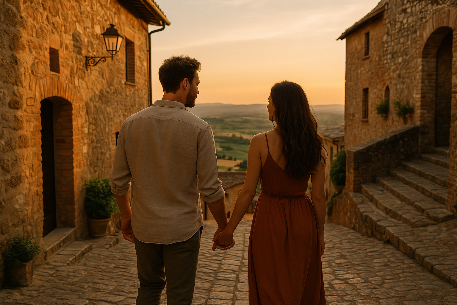 Coppia in passeggiata al tramonto tra i vicoli di un borgo italiano con panorama