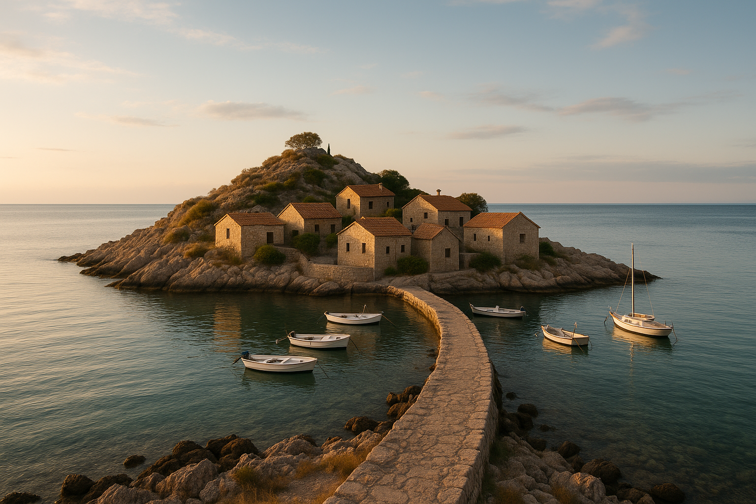 Porto tranquillo su una piccola isola poco turistica al tramonto, con poche barche e case in pietra