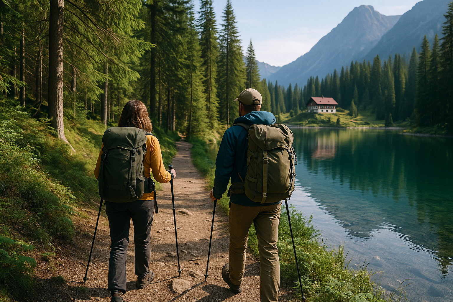 Escursionisti camminano tra bosco e lago con un rifugio panoramico sullo sfondo