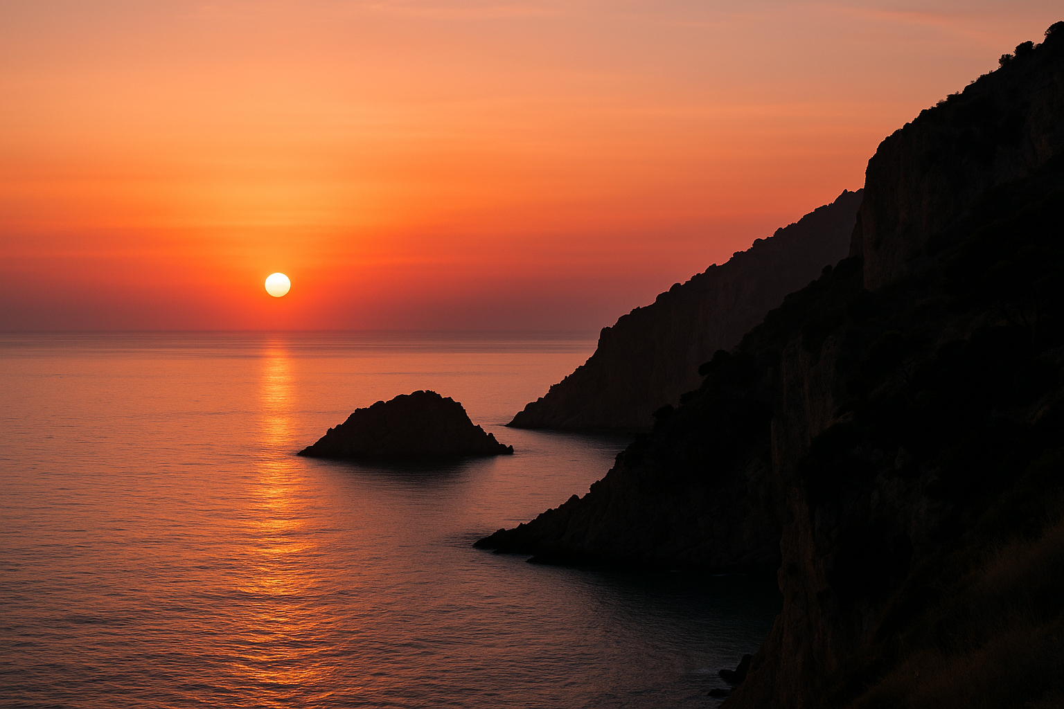 Scogliera sul Mediterraneo in silhouette con mare calmo e cielo arancio-rosa al tramonto