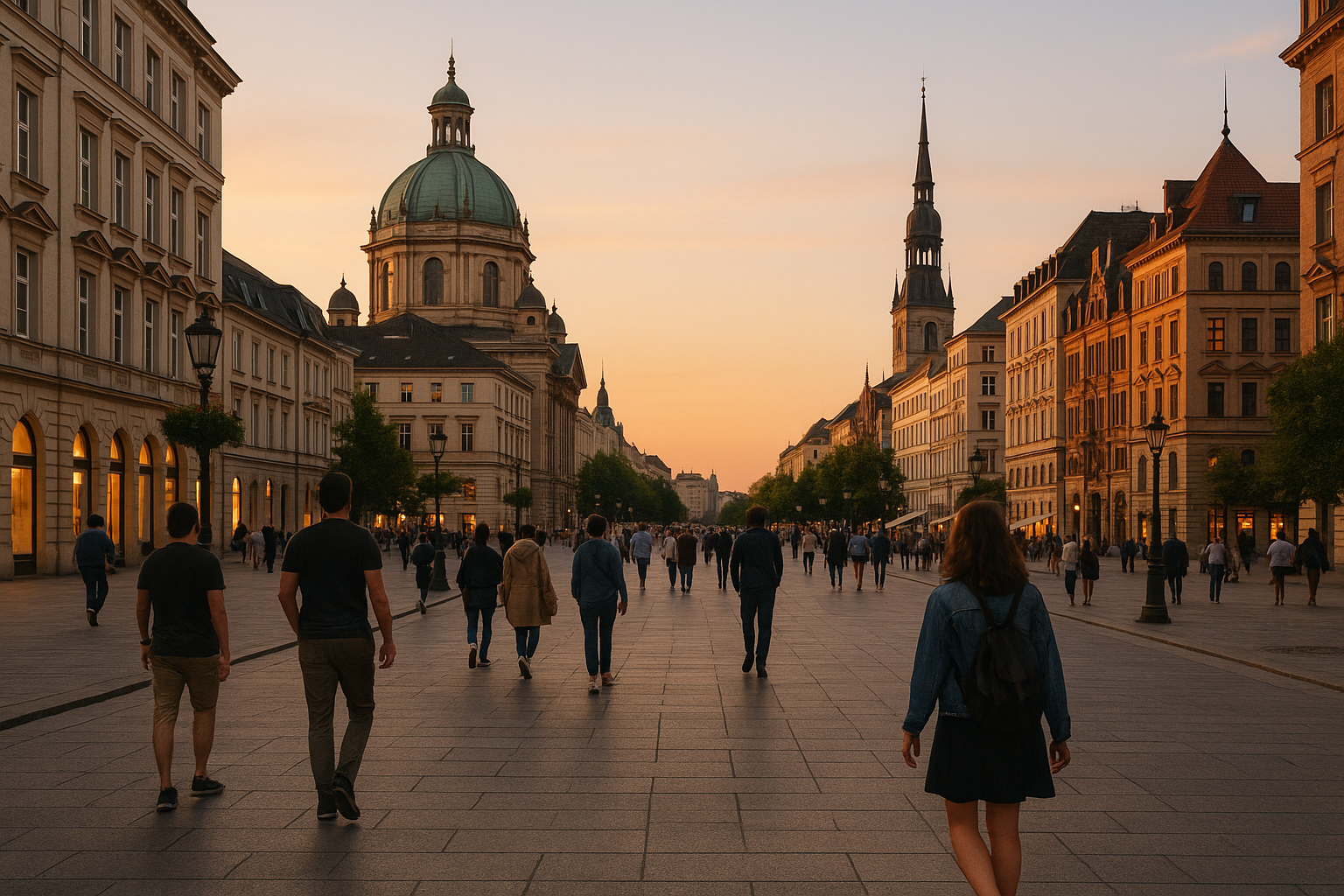 Panorama di una capitale europea al tramonto con strade pedonali e persone in passeggiata