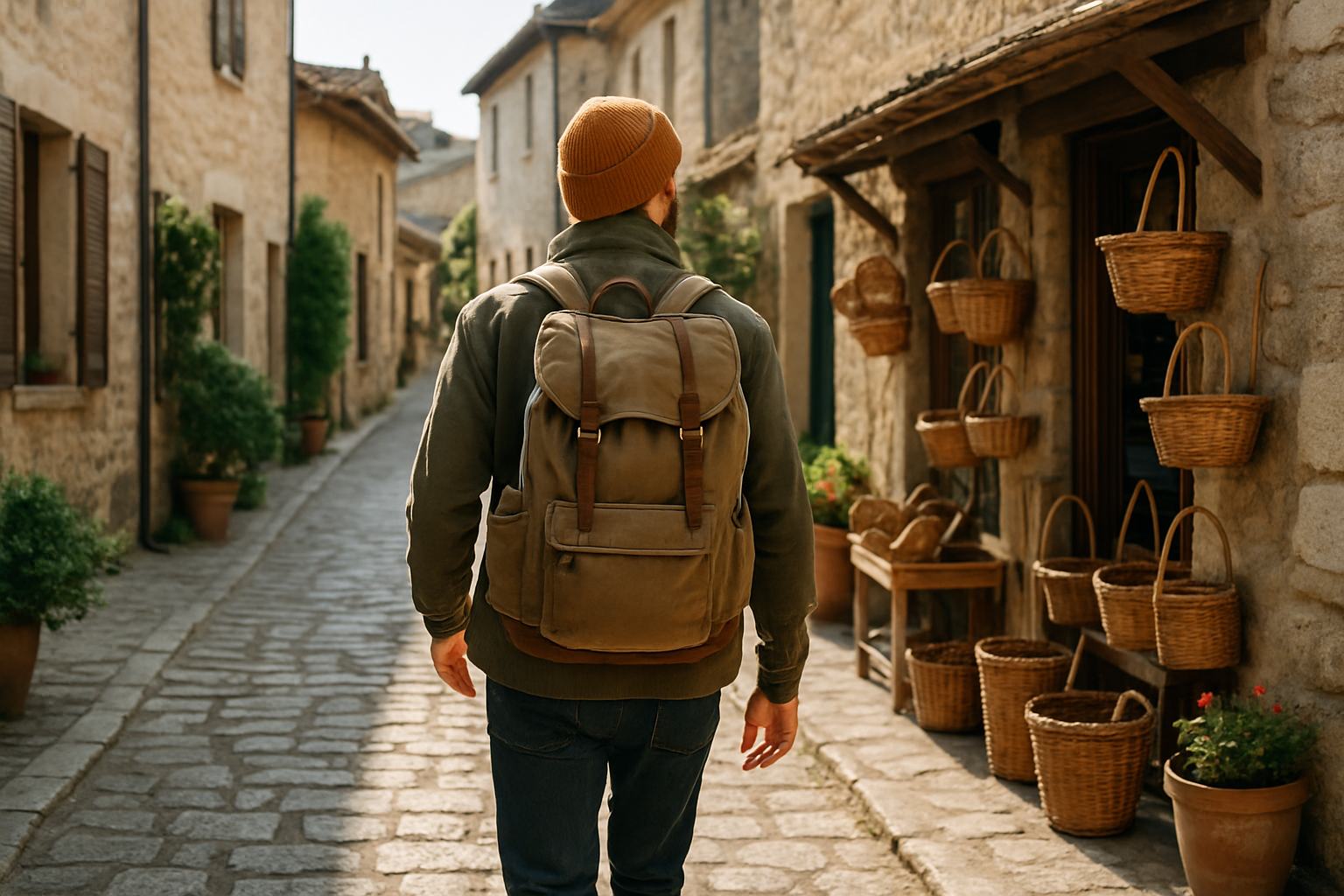 Viaggiatore in una strada di paese con botteghe artigiane e case in pietra, atmosfera mattutina