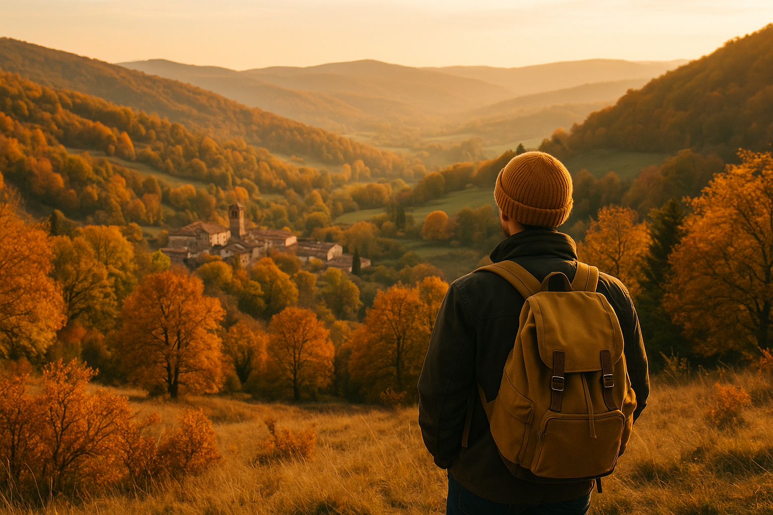 Paesaggio autunnale con boschi colorati, colline e un borgo in lontananza al tramonto