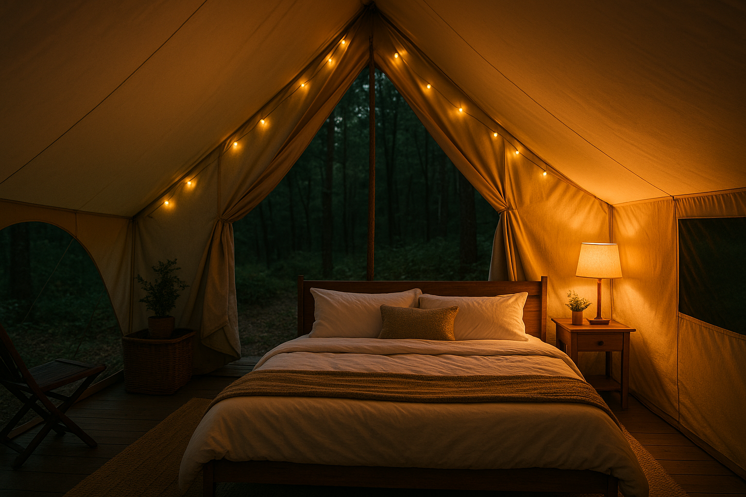 Interno di una sistemazione outdoor confortevole immersa nel bosco con luce calda e letto pronto