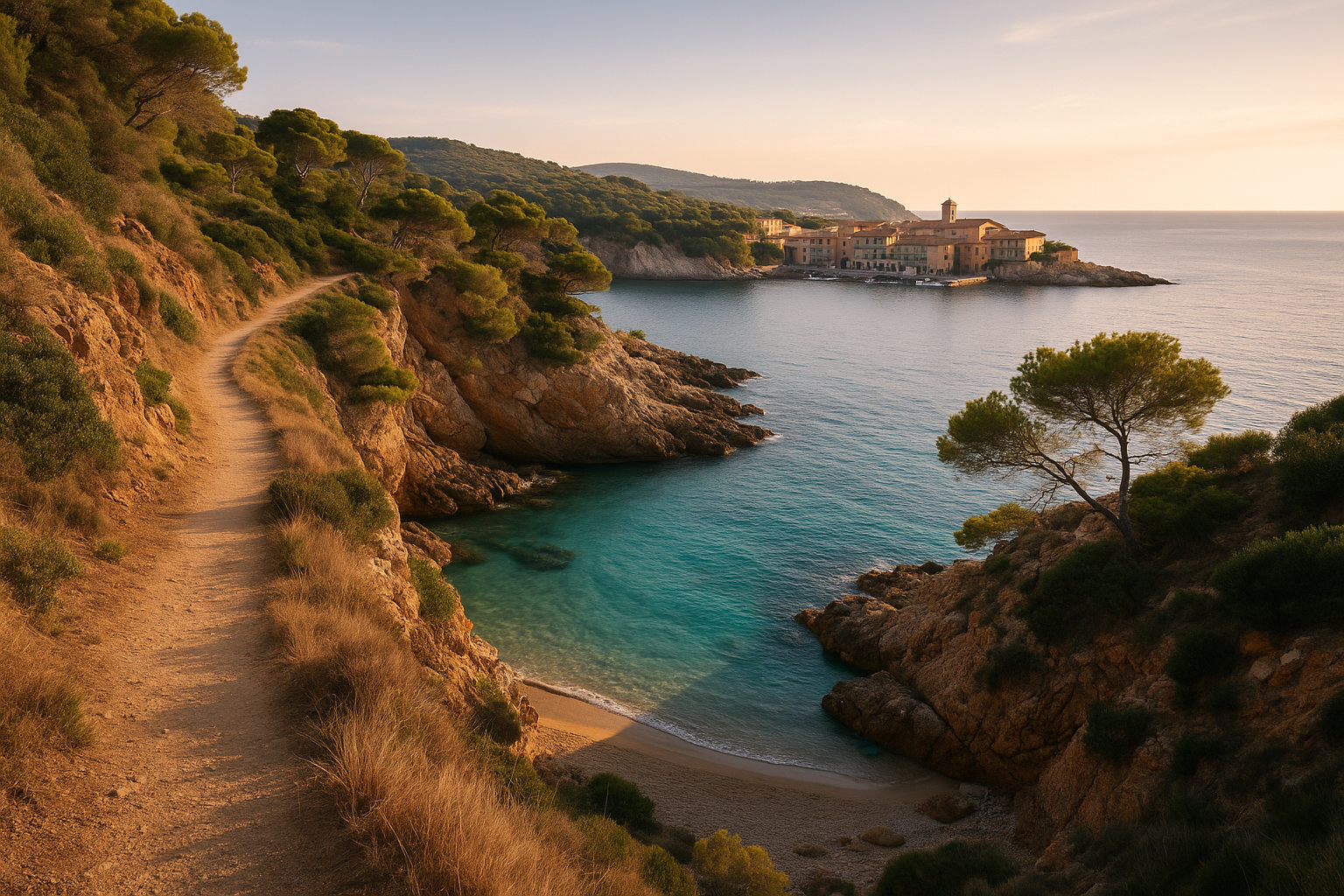 Sentiero costiero sopra una cala nascosta con borgo marinaro e porticciolo sullo sfondo