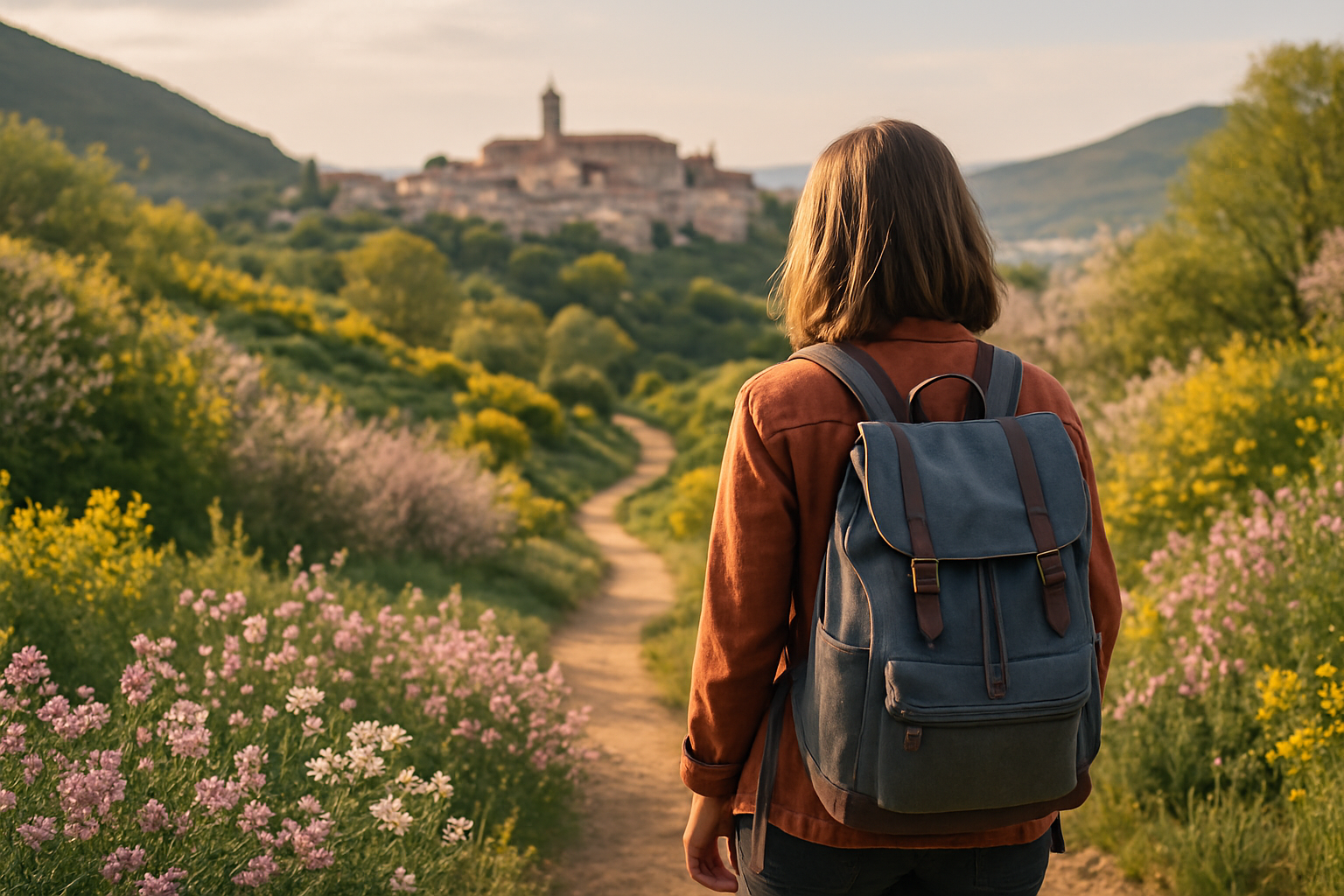 Sentiero panoramico in primavera tra fioriture e colline con borgo sullo sfondo