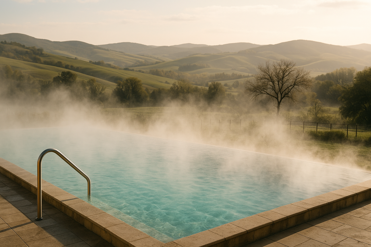 Piscina termale all’aperto in un paesaggio collinare italiano, atmosfera di relax