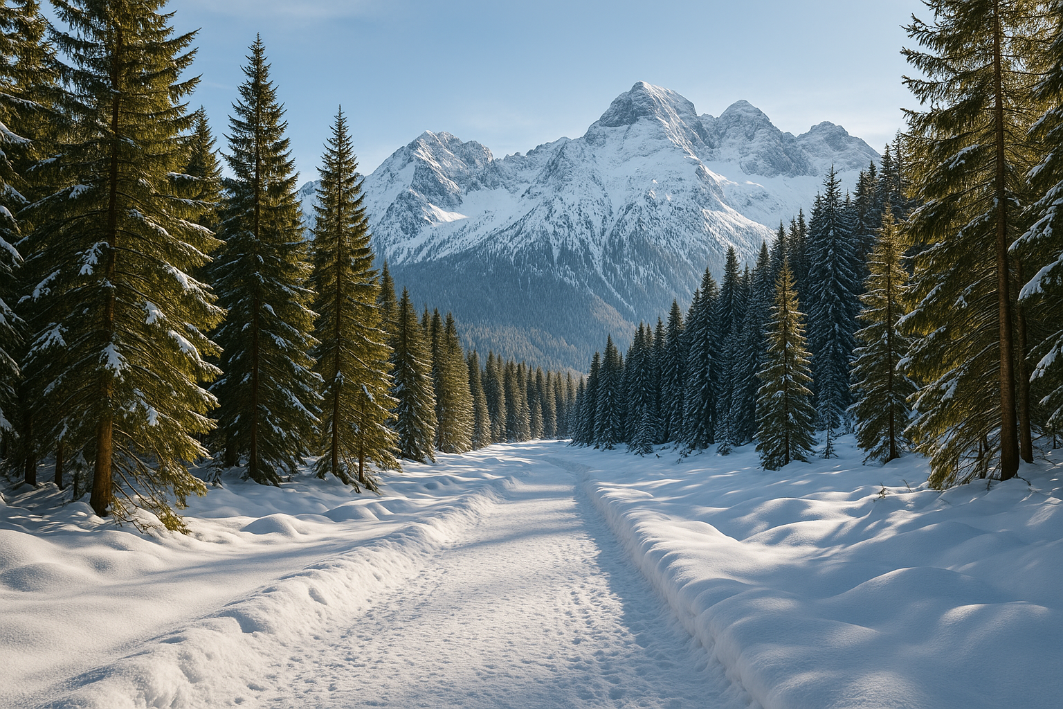 Paesaggio di montagna in inverno con sentiero nel bosco e cime sullo sfondo