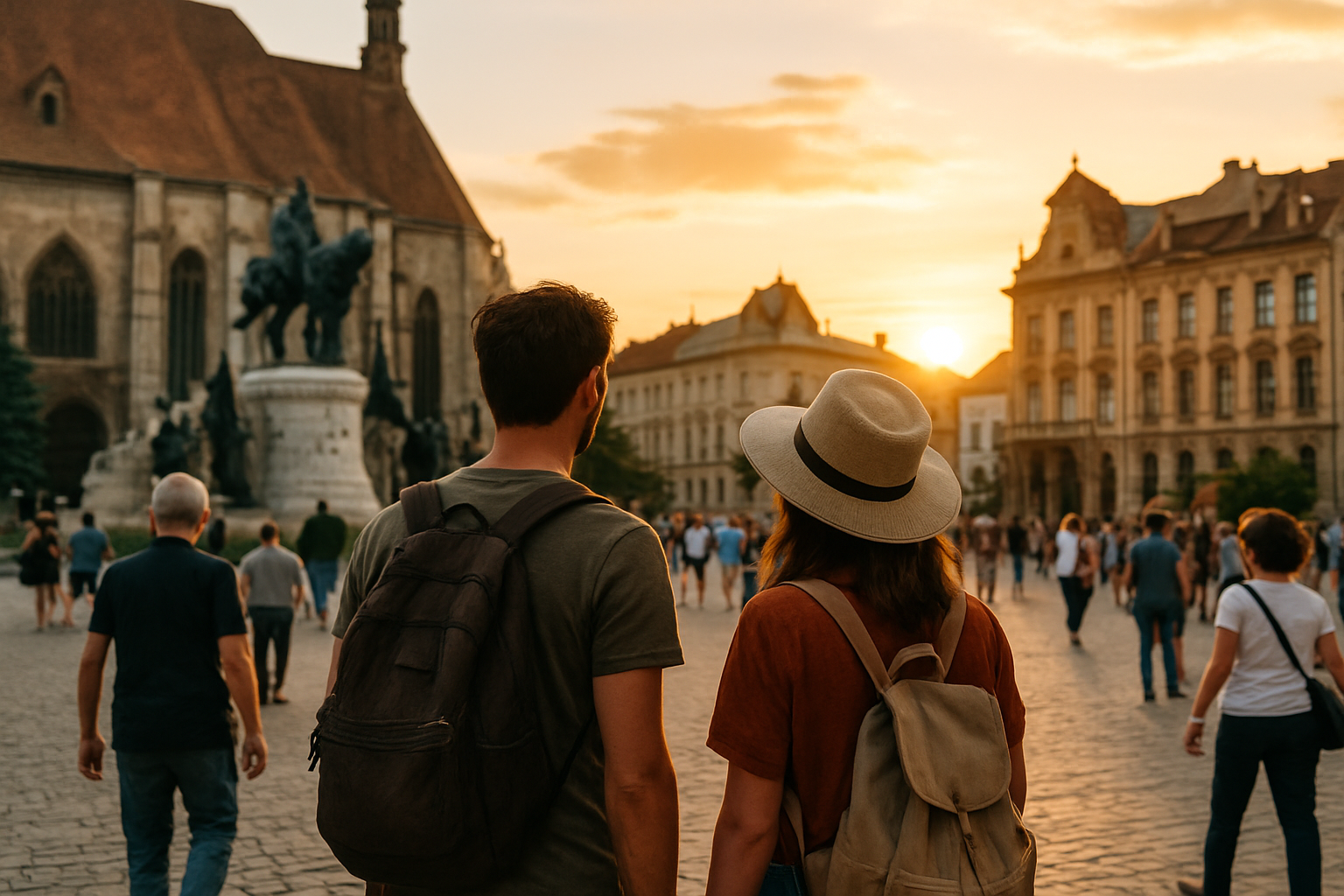 Viaggiatori in una piazza storica mentre osservano architetture e vita locale al tramonto