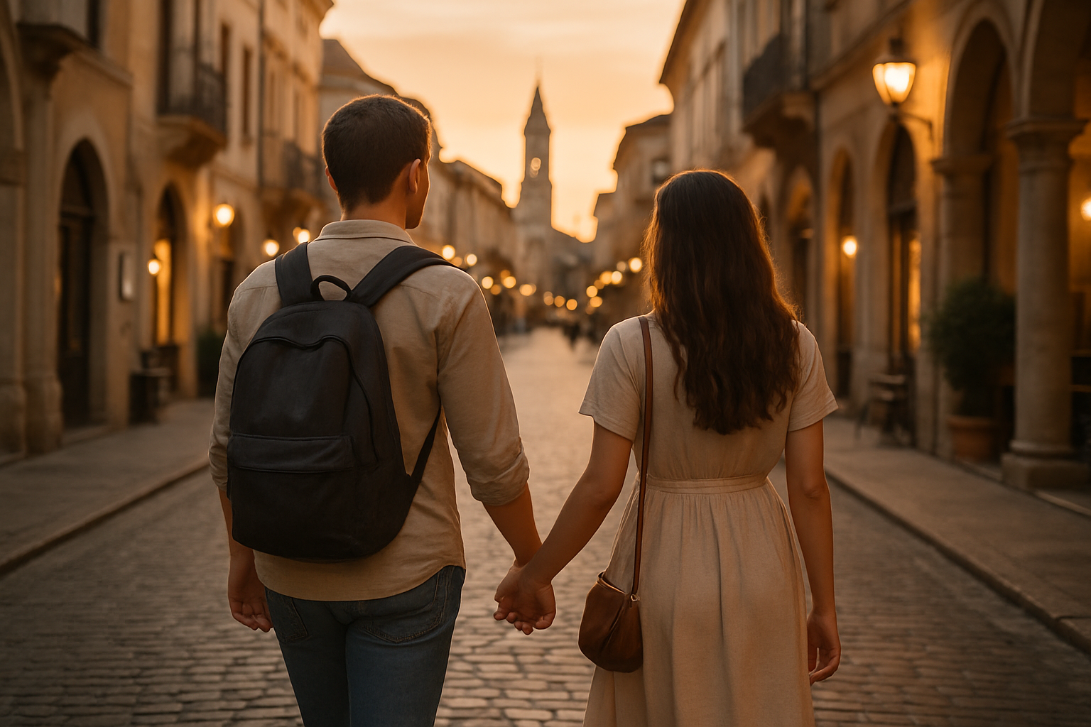 Coppia in passeggiata serale in un centro storico durante una fuga romantica last minute