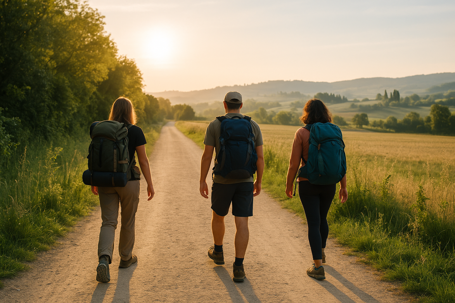 Camminatori su percorso pianeggiante in campagna, adatto a un’esperienza di turismo lento accessibile