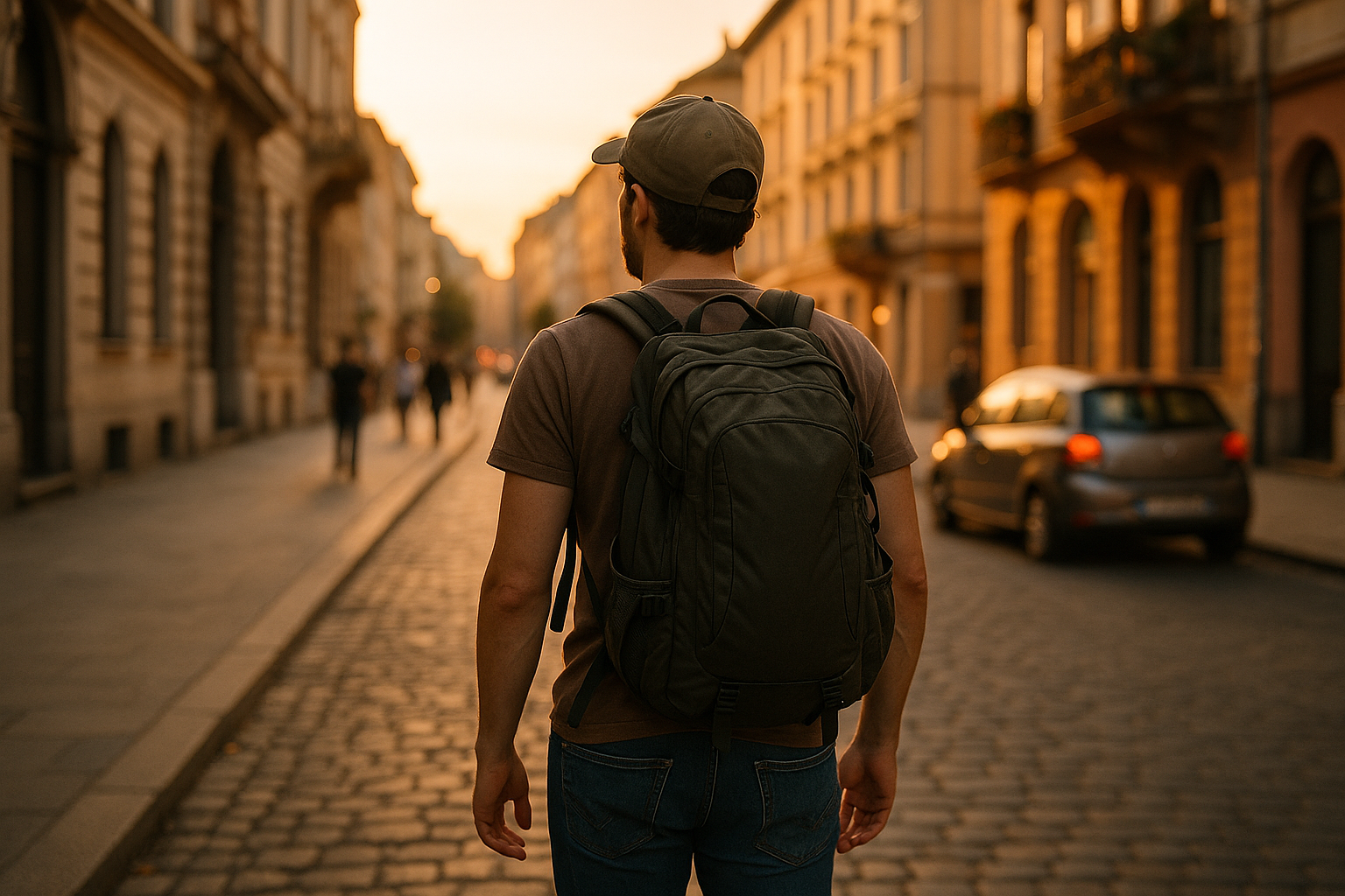 Viaggiatore solitario con zaino che passeggia in una città europea al tramonto