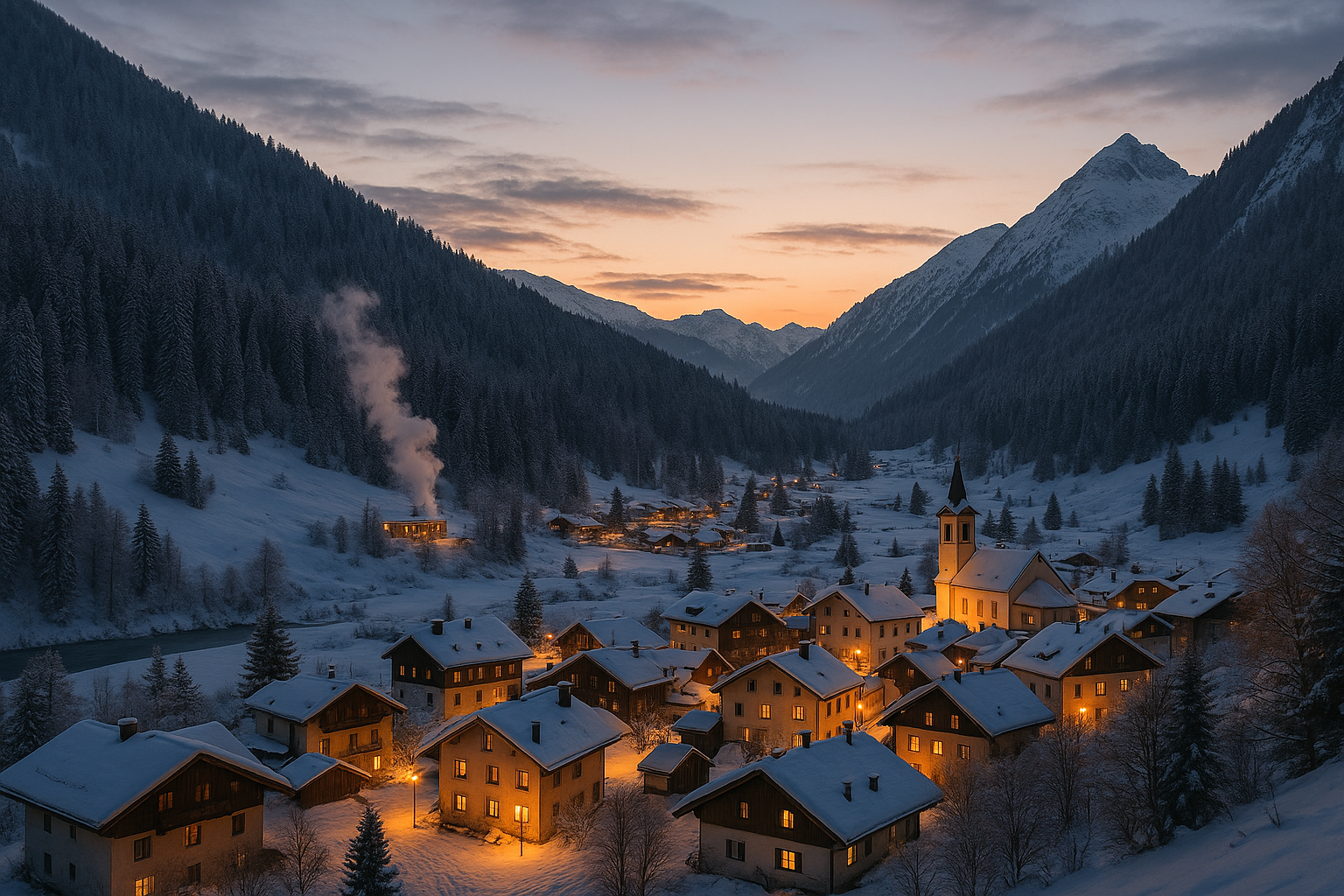 Borgo di montagna in inverno con boschi innevati e atmosfera rilassante al crepuscolo