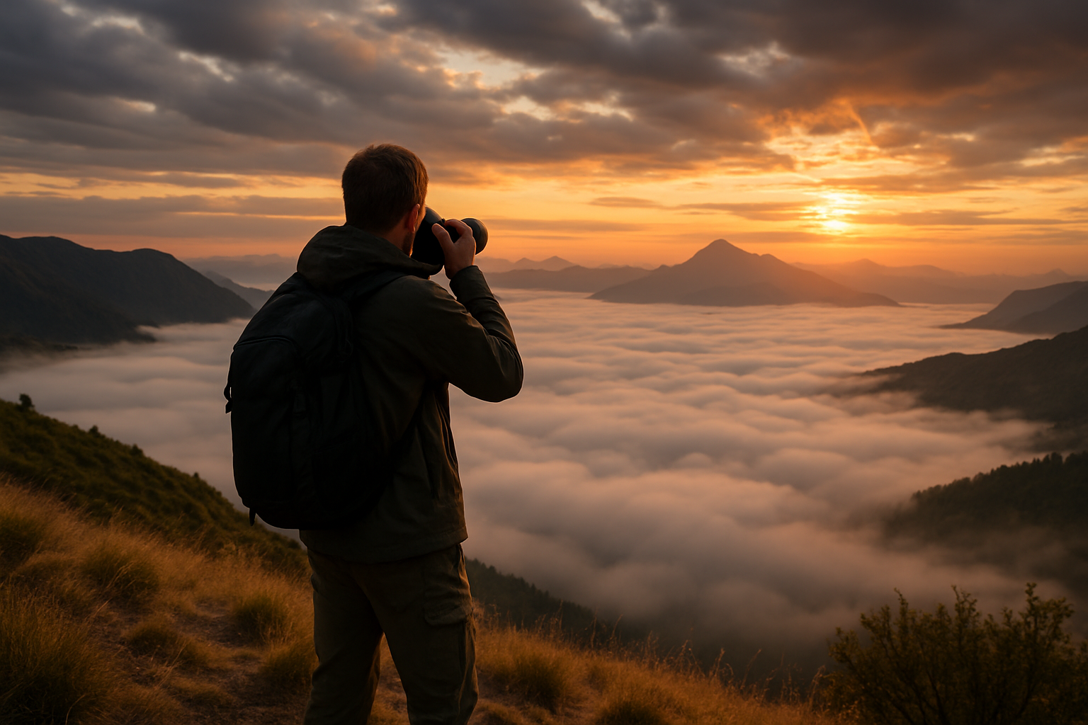 Fotografo su un crinale al tramonto con mare di nebbia e montagne sullo sfondo