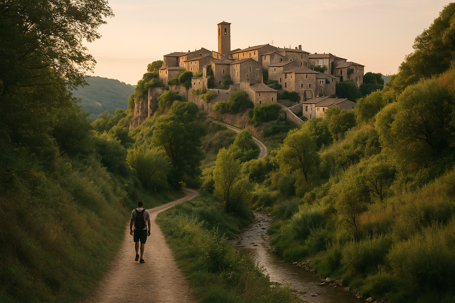 Borgo italiano poco conosciuto in pietra su una collina con sentiero e corso d’acqua nella valle
