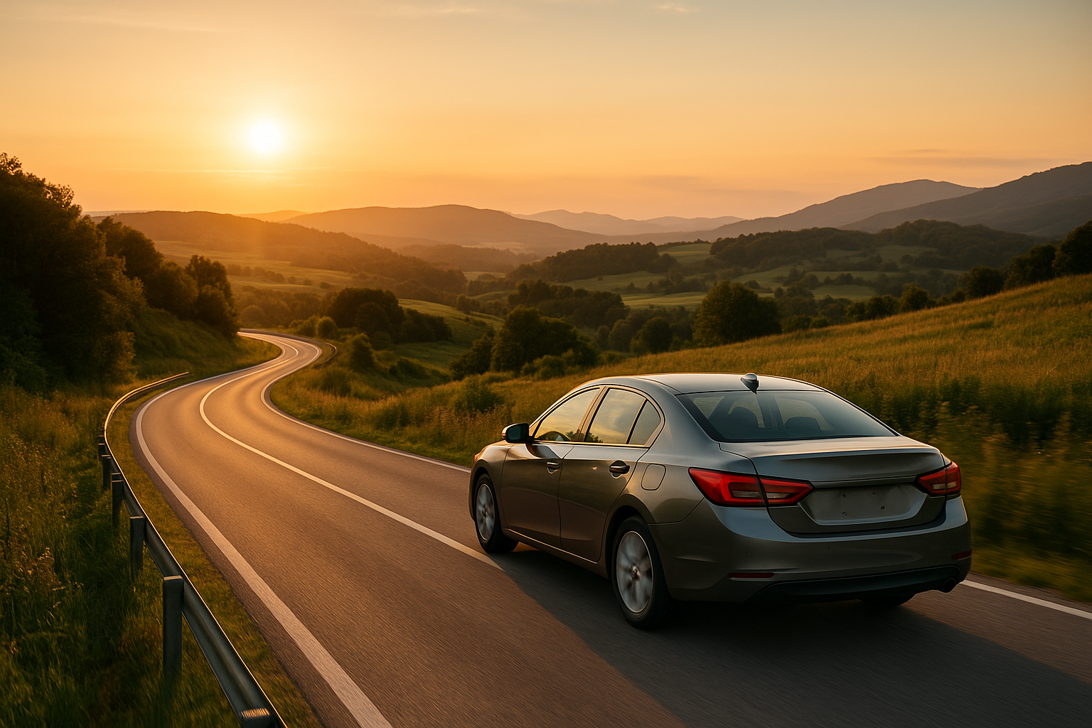 Auto su una strada panoramica con vista su paesaggio naturale al tramonto