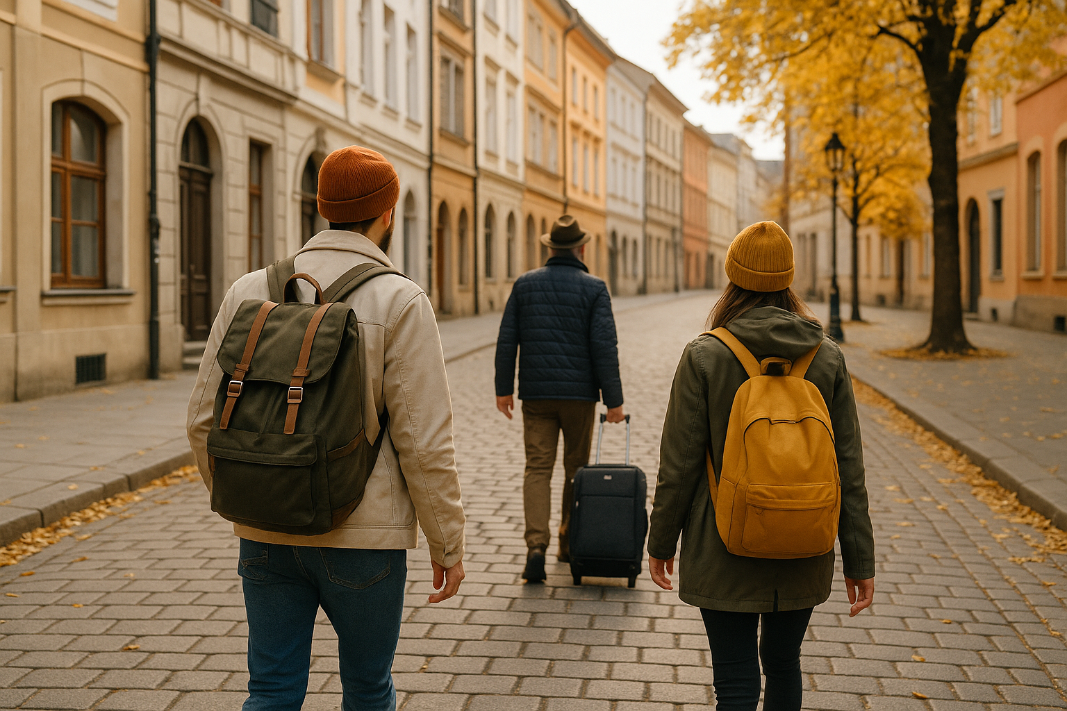Viaggiatori in una città tranquilla fuori stagione con luce autunnale e pochi passanti