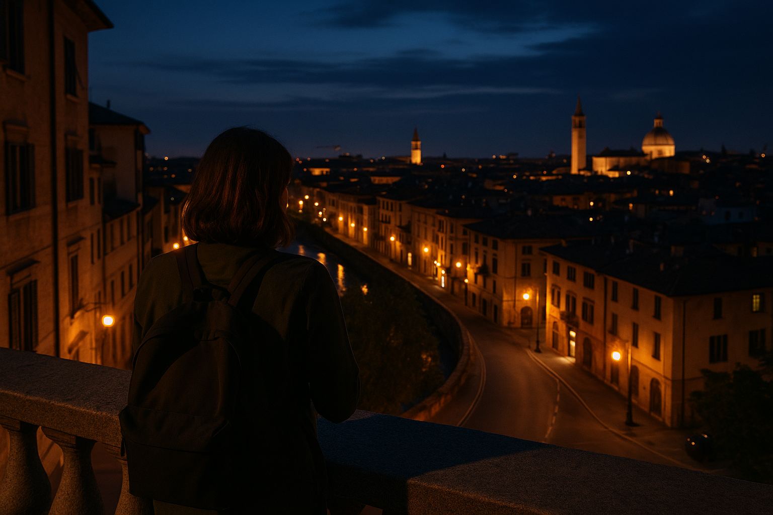 Panorama di una città al crepuscolo con luci calde e atmosfera tranquilla