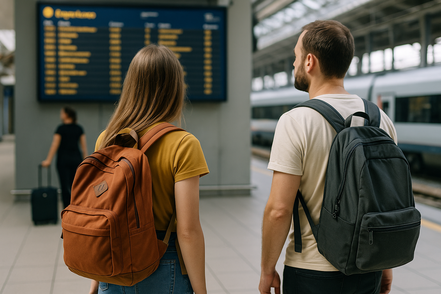 Viaggiatori in stazione che si spostano con mezzi pubblici senza automobile