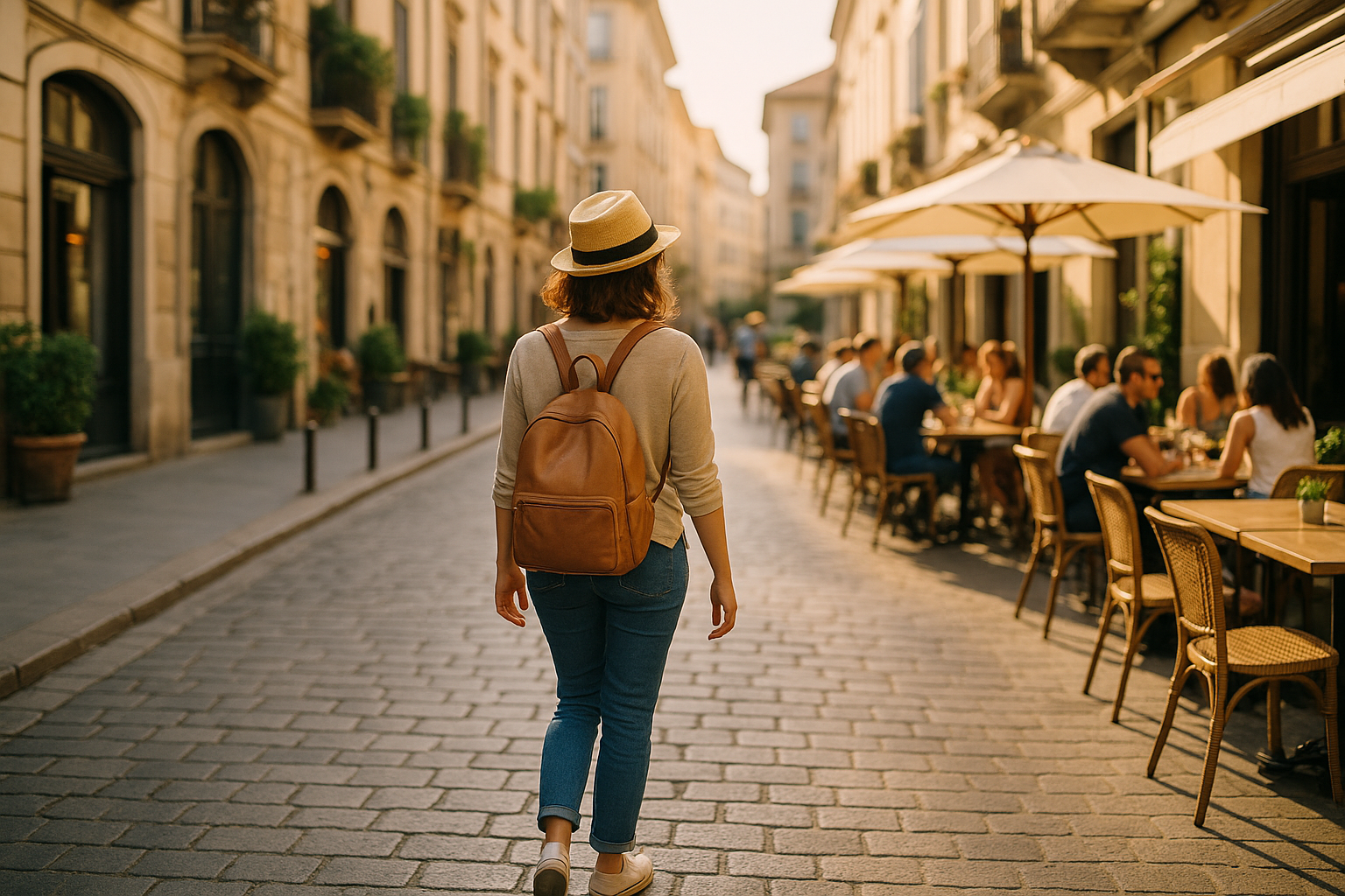 Viaggiatore che passeggia con calma in un quartiere cittadino, tra caffè e vie tranquille