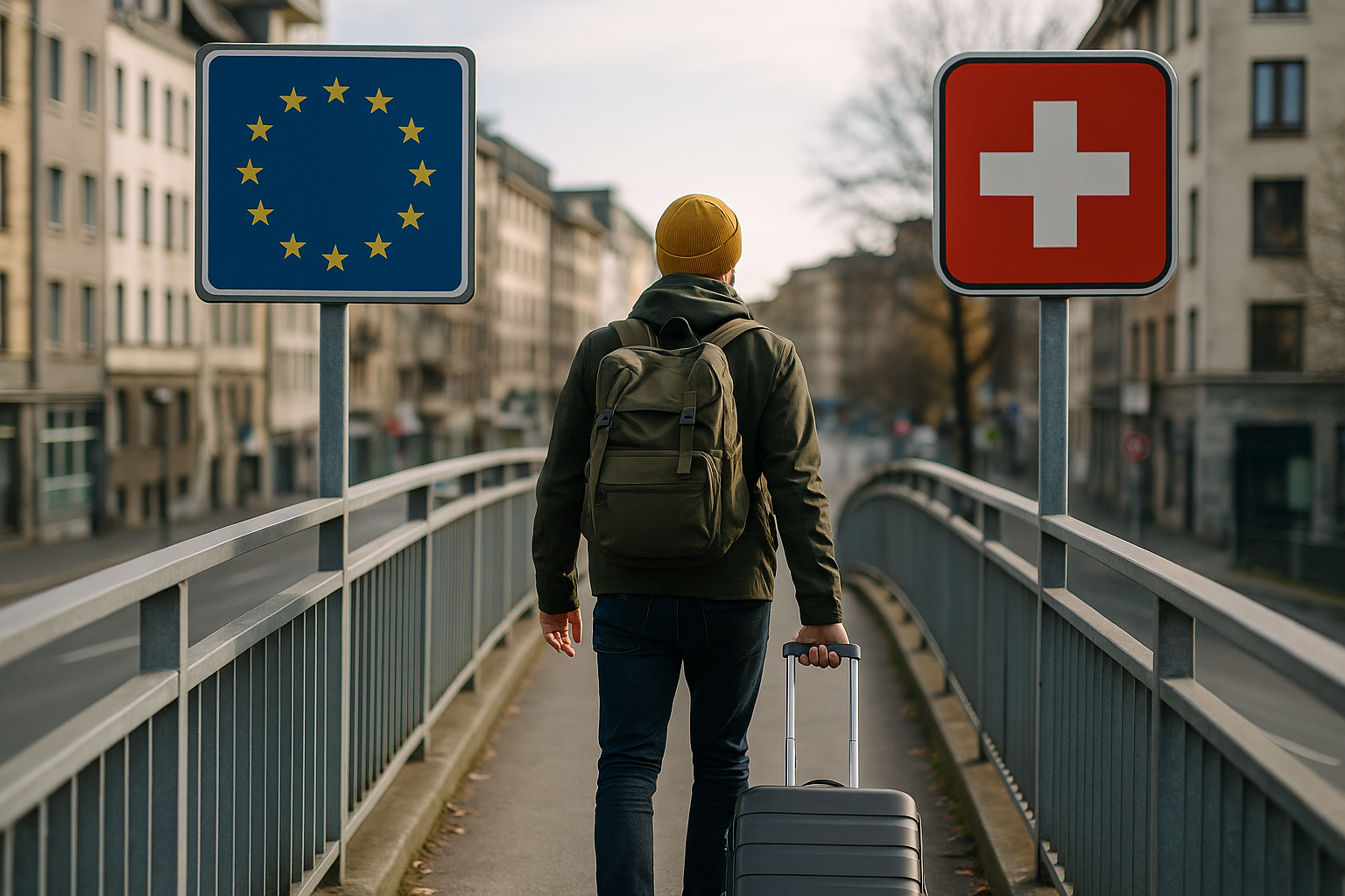Viaggiatore che attraversa un ponte pedonale tra due Paesi con segnaletica diversa