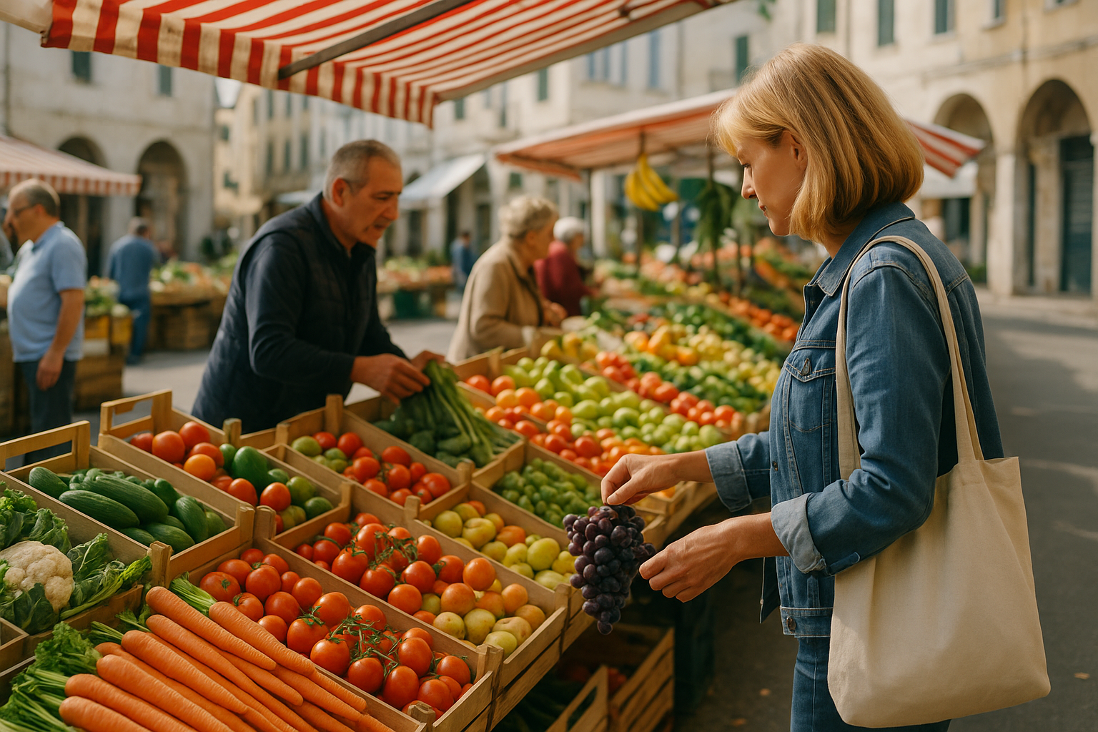 Banchi di frutta e verdura di stagione in un mercato rionale con residenti che fanno la spesa