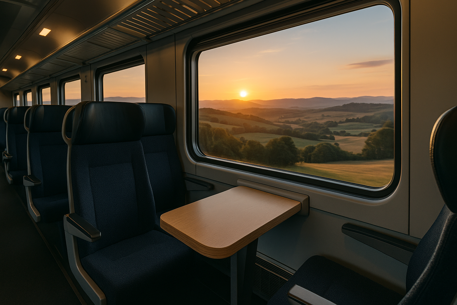 Viaggio in treno con paesaggio collinare visto dal finestrino